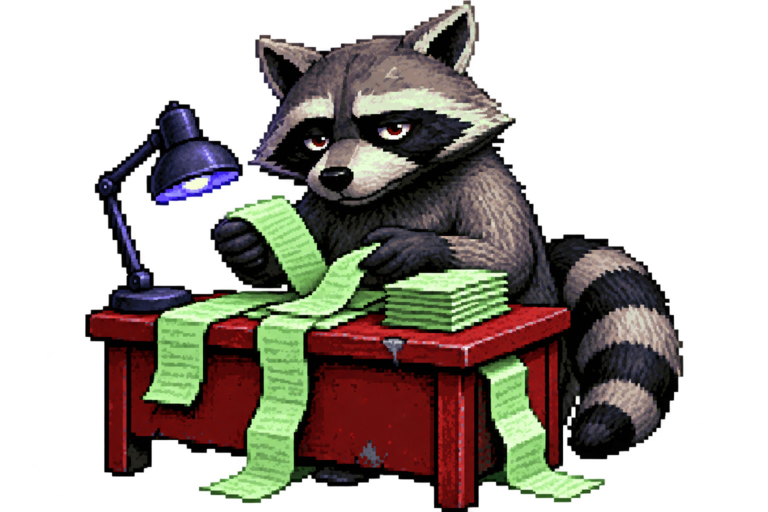 Bill Raccoon processing receipts at his desk
