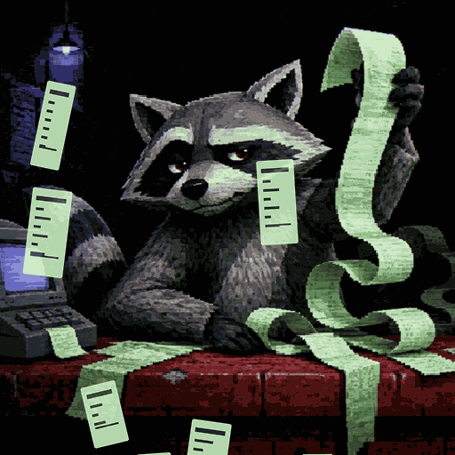 Animated Bill Raccoon fighting a storm of falling receipts